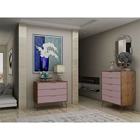 Manhattan Comfort Rockefeller Mid Century Modern 5 3-Drawer Bedroom Dresser Set, Pink