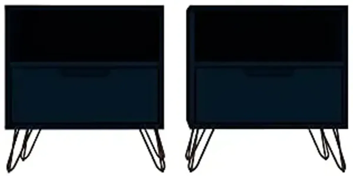 Manhattan Comfort Rockefeller Nightstands Set of 2 with Drawer and Cubby, Ideal for Bedroom and Living Room, Bedside Table with Mid Century Modern Design, Functional Storage Organizer, Blue