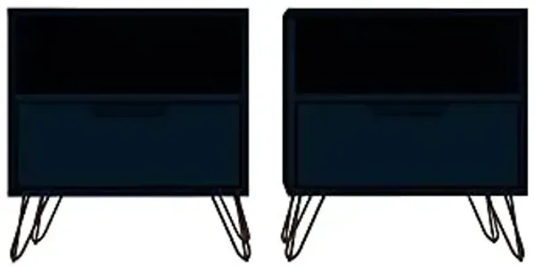 Manhattan Comfort Rockefeller Nightstands Set of 2 with Drawer and Cubby, Ideal for Bedroom and Living Room, Bedside Table with Mid Century Modern Design, Functional Storage Organizer, Blue