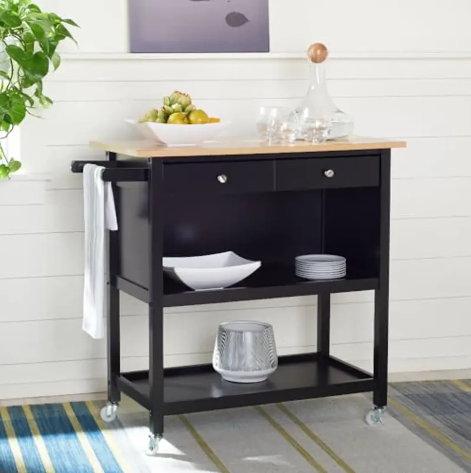 SAFAVIEH Home Collection Daley Natural/Matte Black 2-Drawer 3-Shelf Kitchen Cart with Wheels