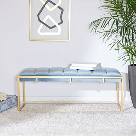 Safavieh Home Collection Thalam Velvet Rectangle Living Room Bedroom Entryway Foyer Office Hallway Upholstered Channel Tufted Bench BCH6208A, 0, Slate Blue/Gold