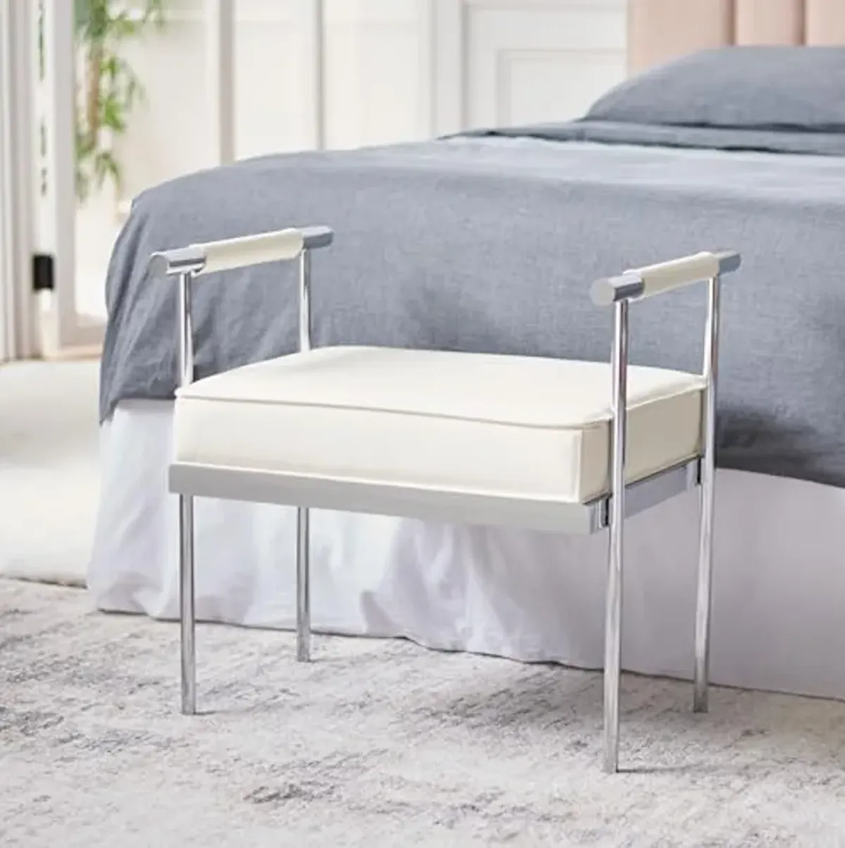 SAFAVIEH Home Collection PIM White Faux Leather/Chrome Small Rectangle Bench with Arms