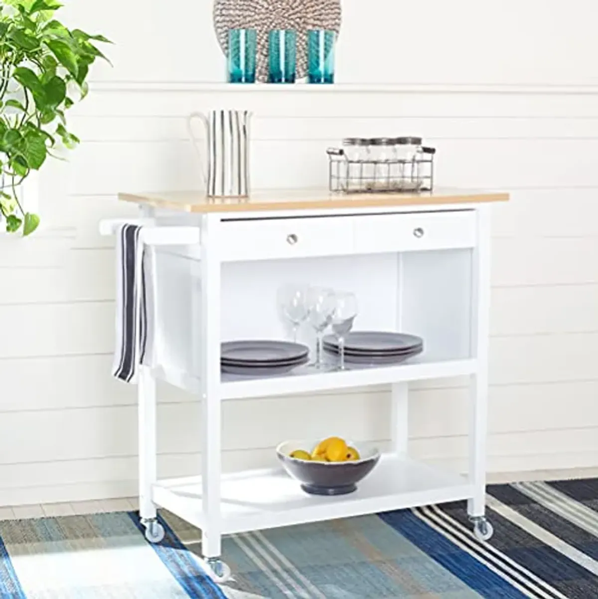 SAFAVIEH Home Collection Daley Natural/White 1-Drawer 2-Shelf Storage Dining Room Trolley Kitchen Cart with Wheels KCH1402B