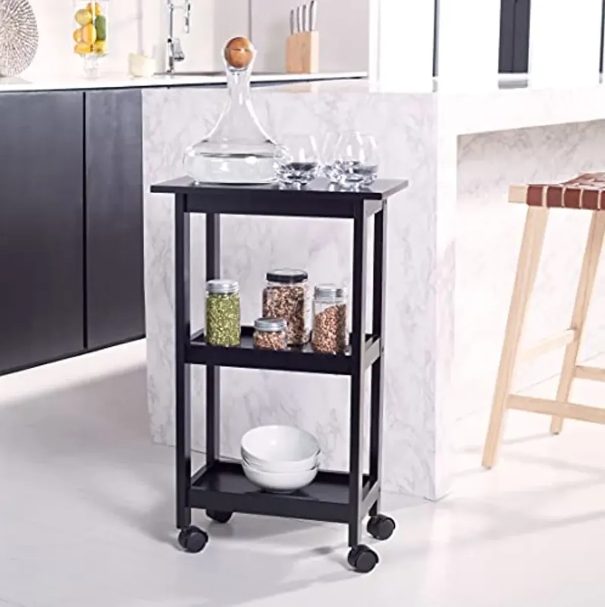 SAFAVIEH Home Collection Bevin 2-Shelf Storage Dining Room Bar Trolley Kitchen Cart with Wheels KCH1400A, 0, Black