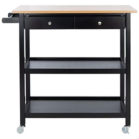Safavieh Home Collection Cohyn Natural/Matte Black 1-Drawer 2-Shelf Storage Dining Room Trolley Kitchen Cart with Wheels