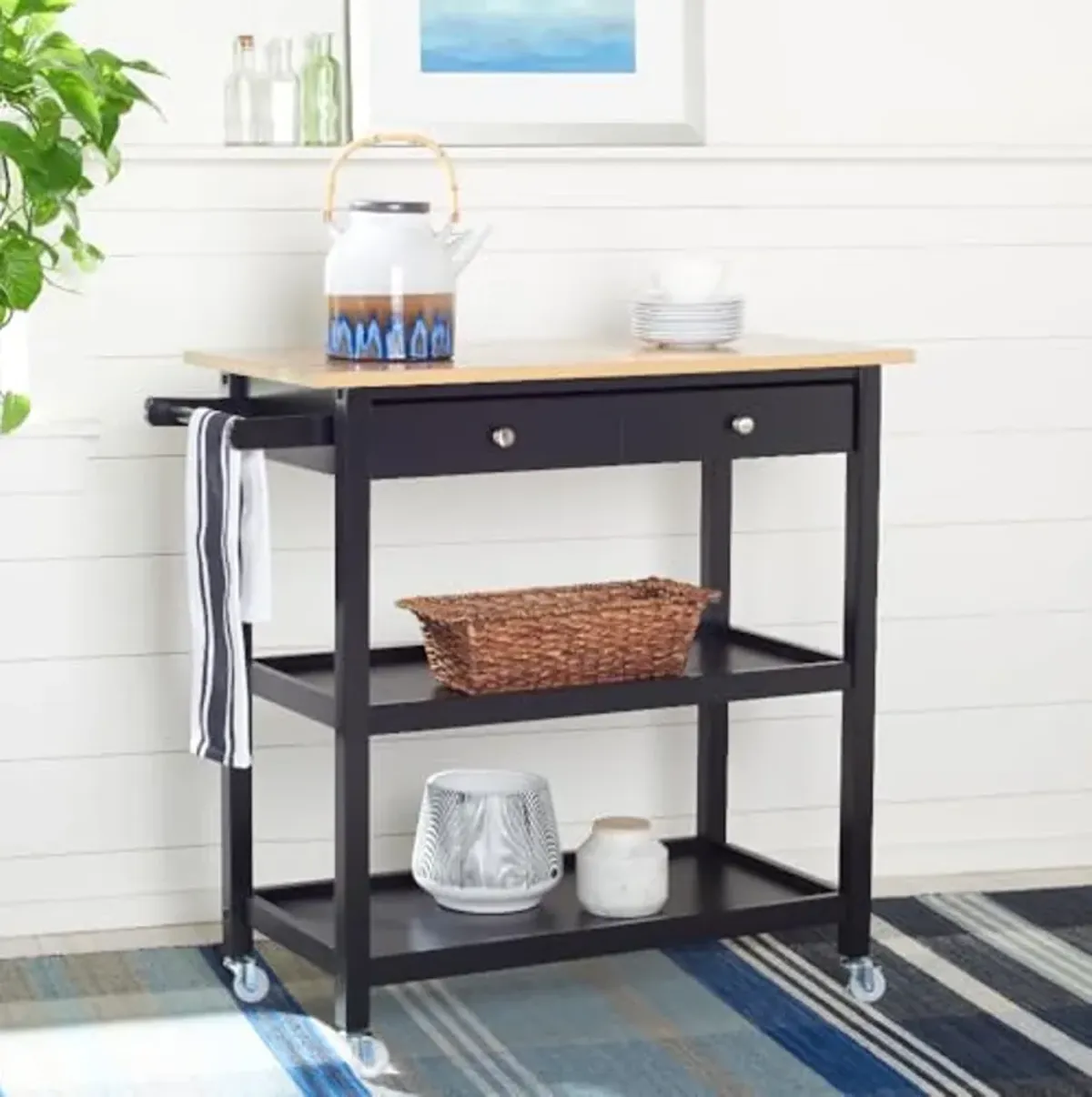 SAFAVIEH Home Collection Cohyn Natural/Matte Black 2-Drawer 3-Shelf Kitchen Cart with Wheels