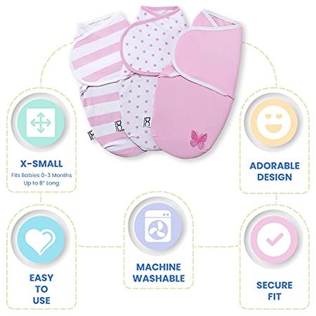 Delta Children Little Lambs Adjustable Swaddle Wrap - 100% Cotton - Size Extra Small, Fits Babies 0-3 Months/4-7 lbs, 3-Pack, Girl, Pink