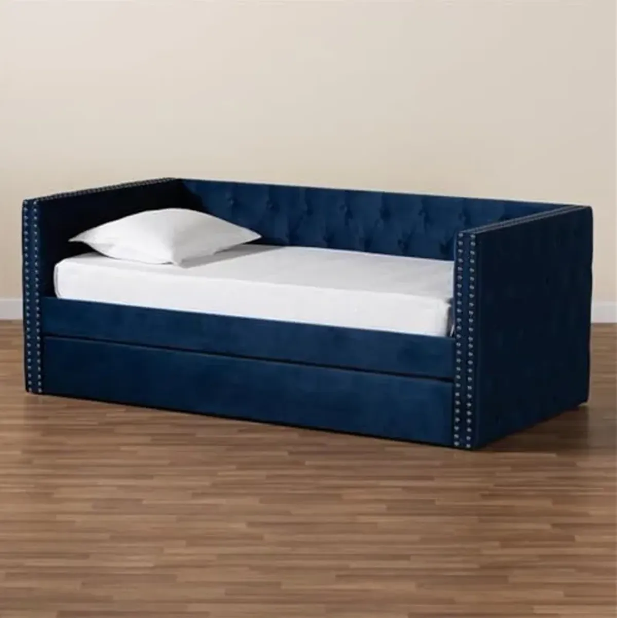 Baxton Studio Larkin Modern and Contemporary Navy Blue Velvet Fabric Upholstered Twin Size Daybed with Trundle