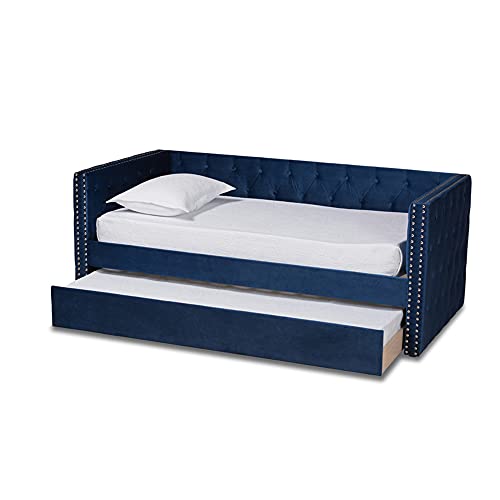 Baxton Studio Larkin Modern and Contemporary Navy Blue Velvet Fabric Upholstered Twin Size Daybed with Trundle