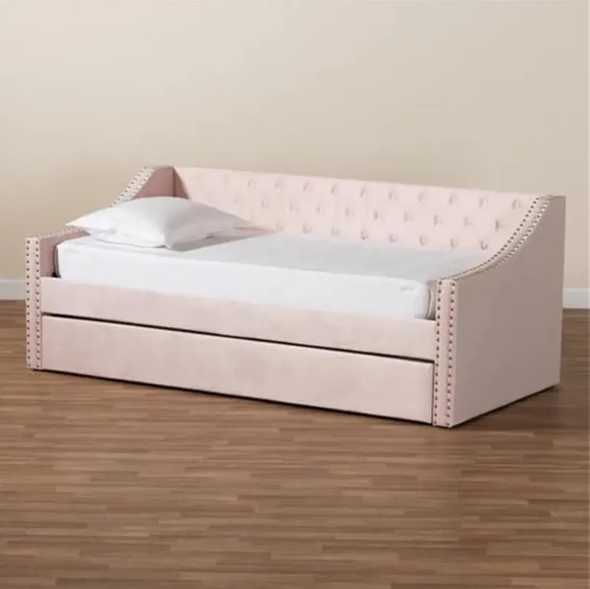 Baxton Studio Raphael Modern and Contemporary Pink Velvet Fabric Upholstered Twin Size Daybed with Trundle