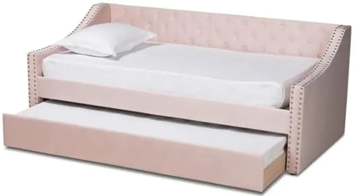 Baxton Studio Raphael Modern and Contemporary Pink Velvet Fabric Upholstered Twin Size Daybed with Trundle