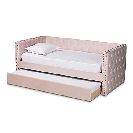 Baxton Studio Larkin Modern and Contemporary Pink Velvet Fabric Upholstered Twin Size Daybed with Trundle