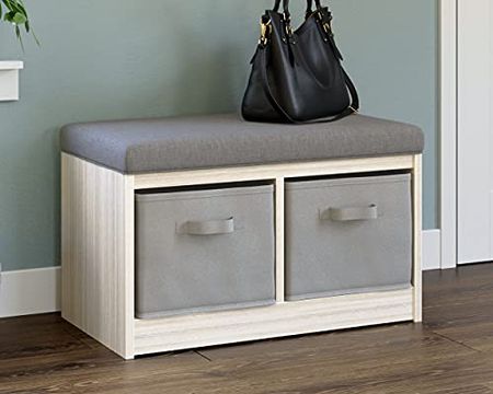 Signature Design by Ashley Blariden Upholstered Storage Bench with Removable Baskets, Gray
