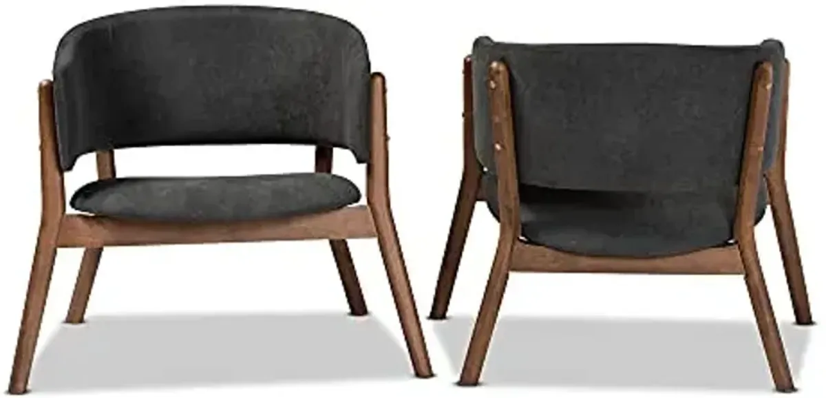 Baxton Studio Baron Mid-Century Modern Dark Grey Fabric Upholstered and Walnut Brown Finished Wood 2-Piece Living Room Accent Chair Set