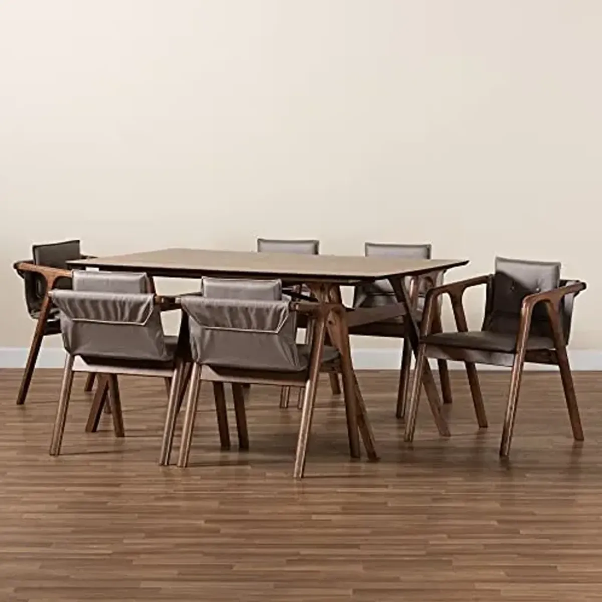 Baxton Studio Marcena Dining Set Dining Set Grey Imitation Leather Upholstered and Walnut Brown Finished Wood 7-Piece Dining Set