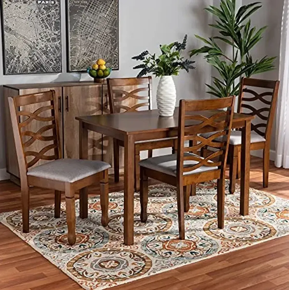Baxton Studio Lanier Dining Set - Grey Fabric Upholstered, Walnut Brown Finished Wood, 5-Piece