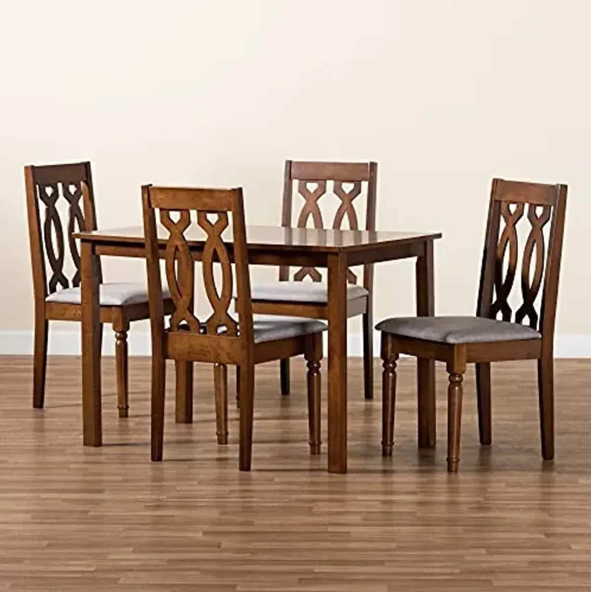 Baxton Studio Cherese Dining Set and Dining Set Grey Fabric Upholstered and Walnut Brown Finished 5-Piece Wood Dining Set