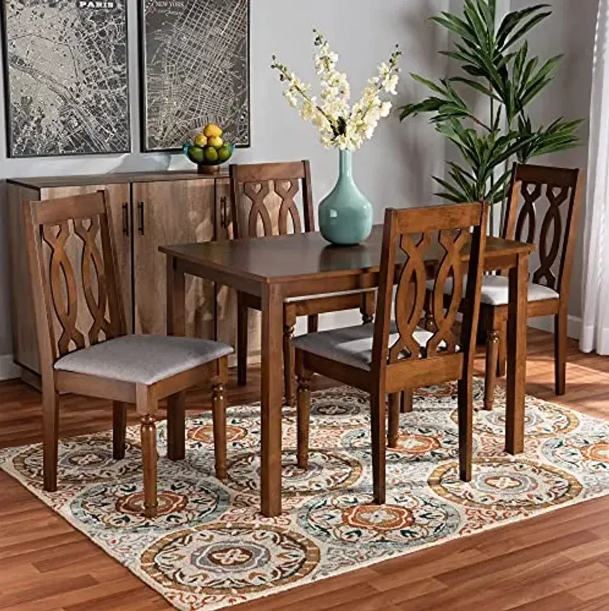 Baxton Studio Cherese Dining Set and Dining Set Grey Fabric Upholstered and Walnut Brown Finished 5-Piece Wood Dining Set