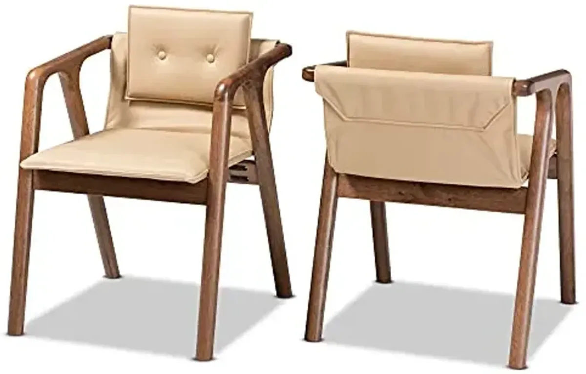 Baxton Studio Marcena Dining Chair Set Beige Imitation Leather Upholstered and Walnut Brown Finished Wood 2-Piece Dining Chair Set