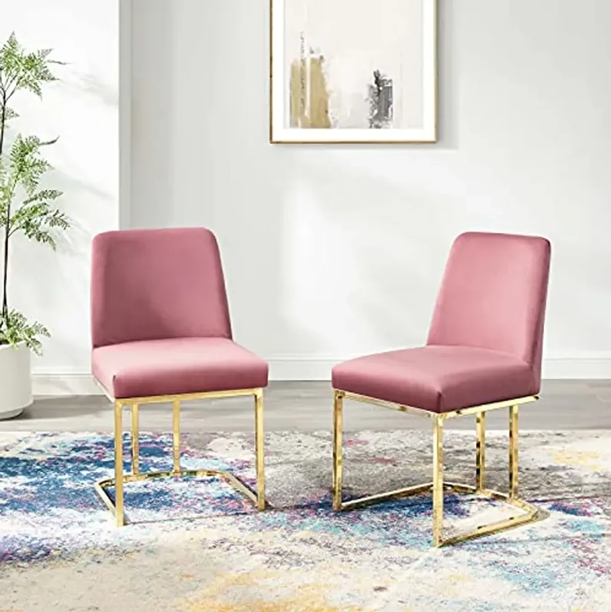 Modway Amplify Performance Velvet Upholstered Sled Base Dining Chair - Set of 2 in Gold Dusty Rose