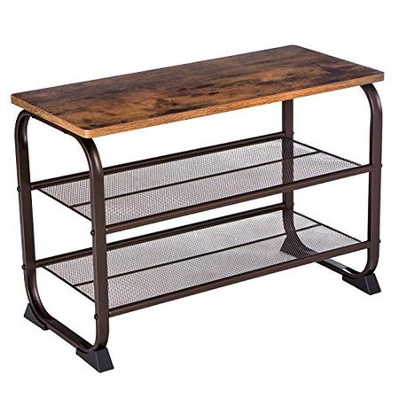 VASAGLE Industrial Shoe Bench Rack, 3-Tier Shoe Storage Shelf, Wood Look Accent Furniture & Industrial Coffee Table with Storage Shelf for Living Room, Wood Look Accent Furniture, Rustic Brown
