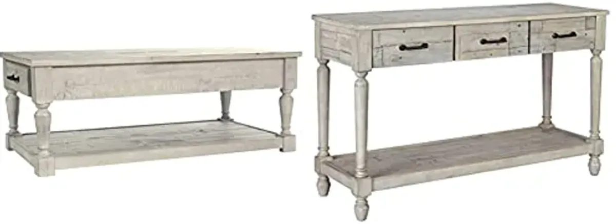 Signature Design by Ashley Shawnalore Rectangular Rustic Cocktail Table and Sofa Console Table Bundle, Whitewash