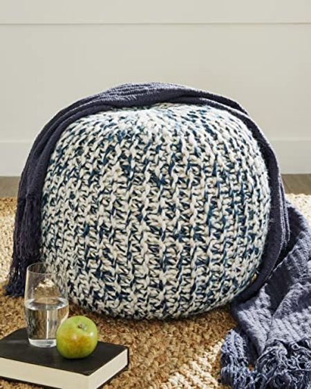 Signature Design by Ashley Latricia Round Knitted Pouf Ottoman, 17 x 17 Inches, Blue & White