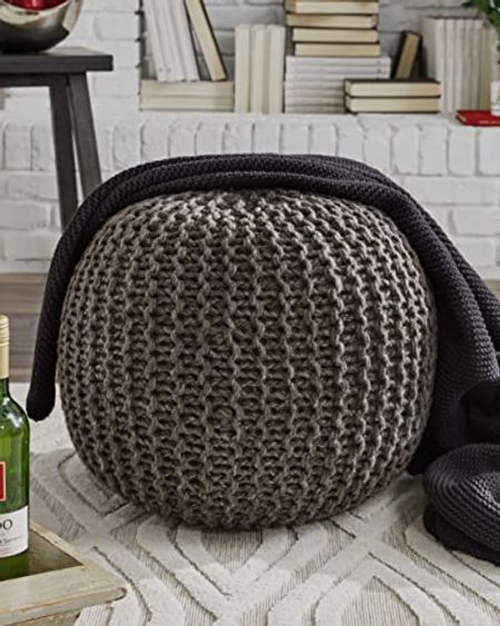 Signature Design by Ashley Latricia Round Knitted Pouf Ottoman, 17 x 17 Inches, Brownish Gray