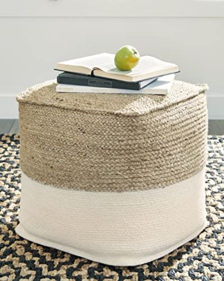 Signature Design by Ashley Sweed Valley Braided Square Pouf Ottoman, 19 x 19 Inches, White & Beige