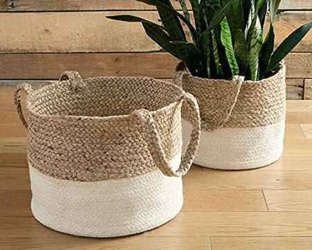 Signature Design by Ashley Parrish Farmhouse Braided Basket, 2 Count, Natural Brown & White