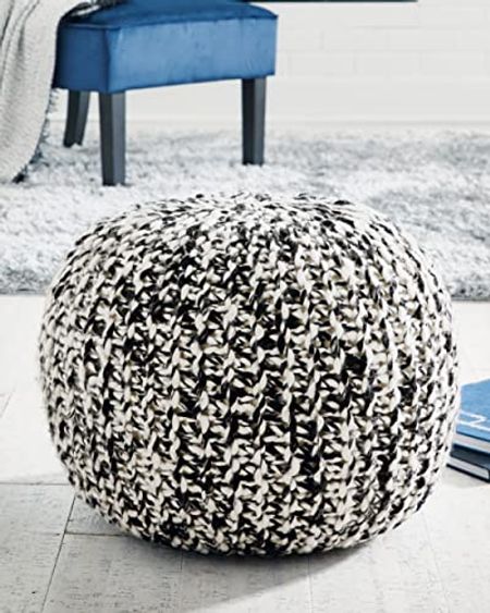 Signature Design by Ashley Latricia Round Knitted Pouf Ottoman, 17 x 17 Inches, Black & White