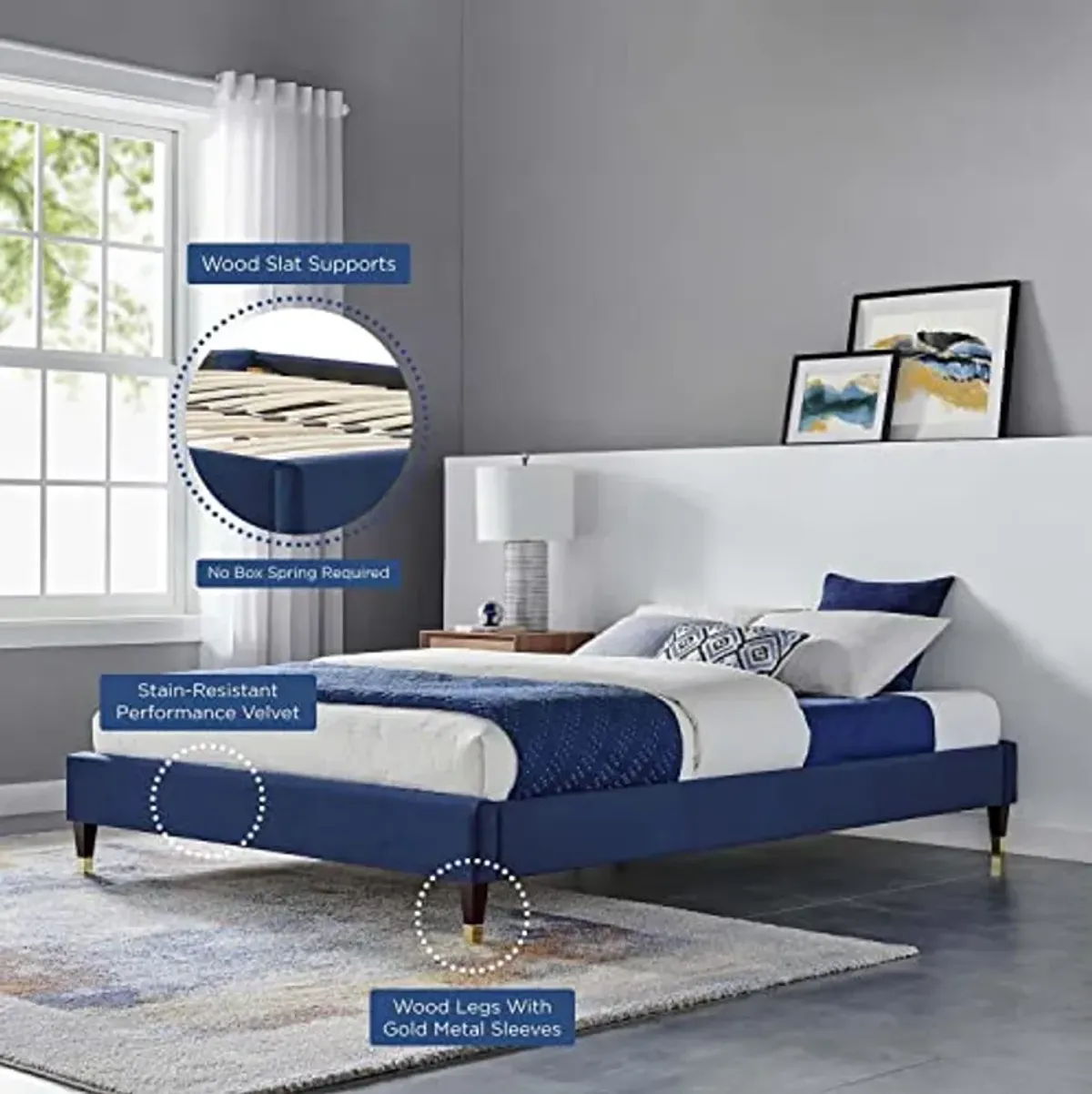 Modway Harlow Full Performance Velvet Platform Bed Frame in Navy