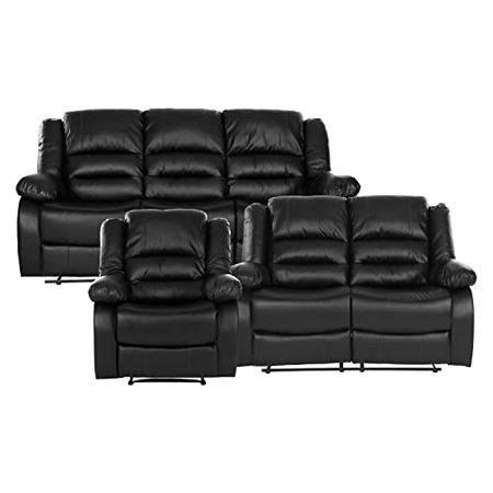 Lexicon Azrael 3-Piece Faux Leather Manual Reclining Living Room Sofa Set, Black