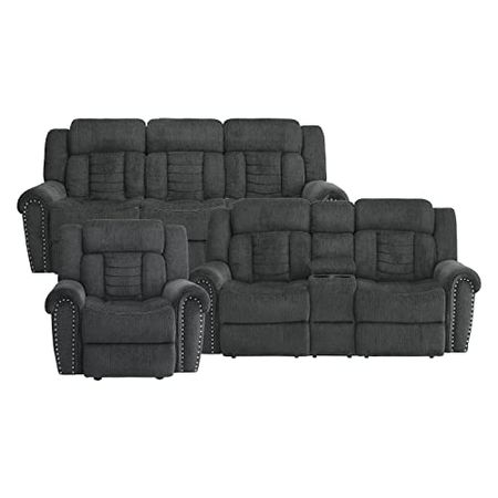 Lexicon Huddart 3-Piece Fabric Manual Reclining Living Room Sofa Set, Charcoal Gray