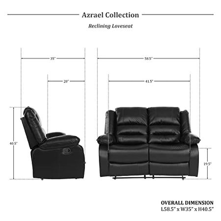 Lexicon Azrael 2-Piece Faux Leather Manual Reclining Living Room Sofa Set, Black