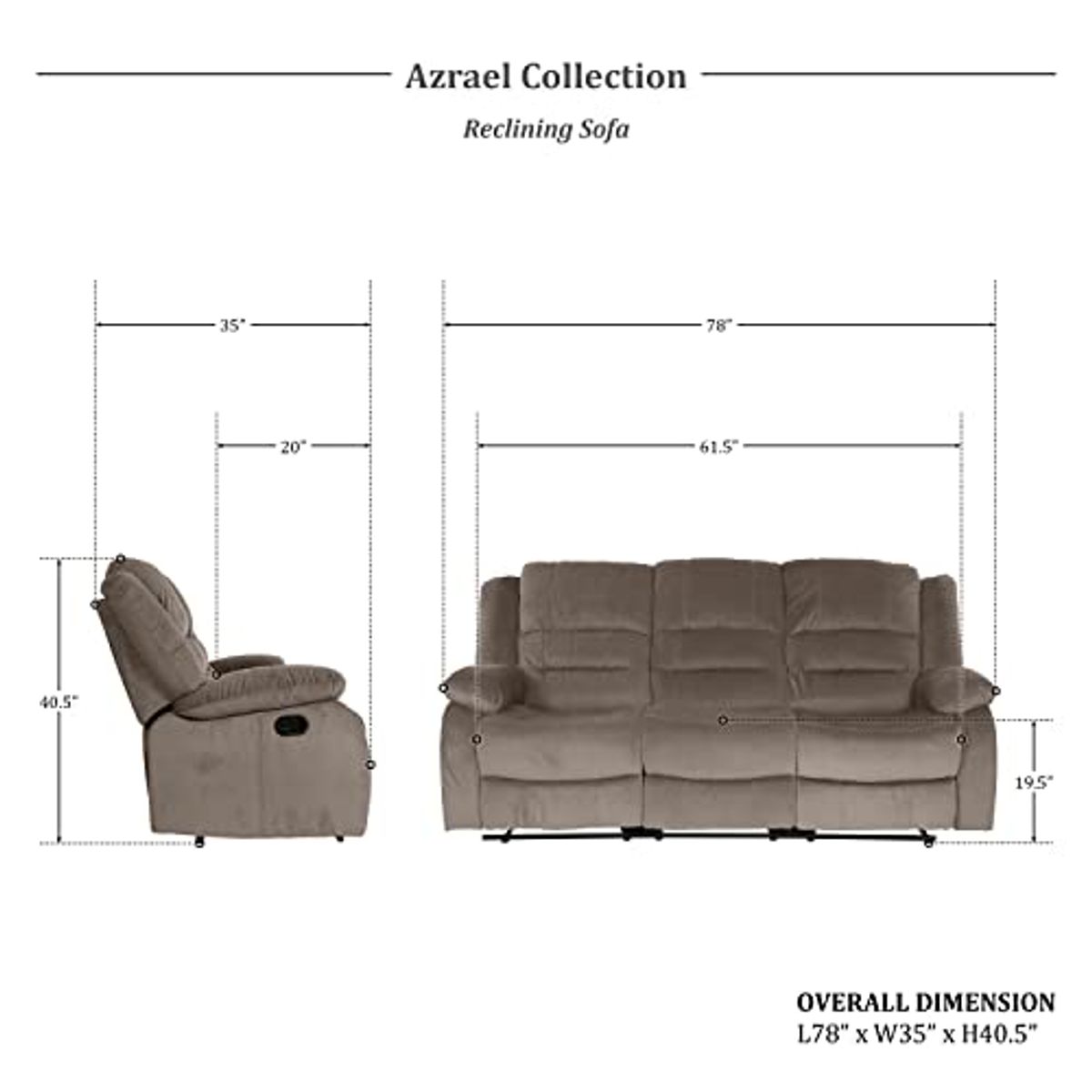 Lexicon Azrael 3-Piece Fabric Manual Reclining Living Room Sofa Set, Chocolate