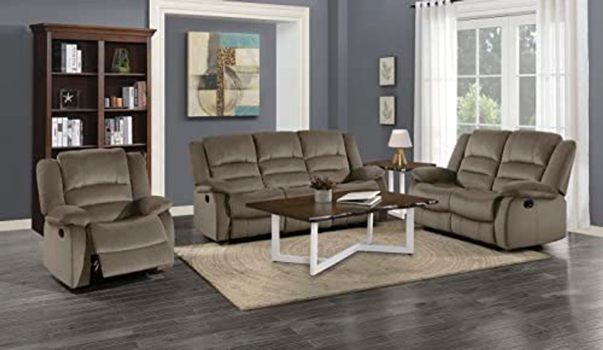 Lexicon Azrael 3-Piece Fabric Manual Reclining Living Room Sofa Set, Chocolate