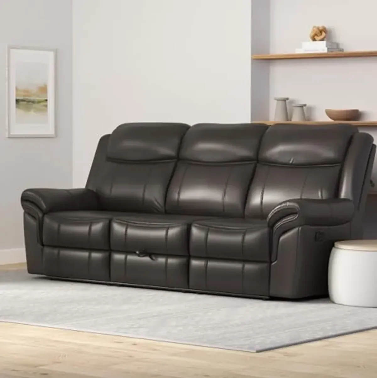 Lexicon Double Recliner Sofa RV Couch, Home Theater Seating, Manual Faux Leather Glider Recliner Sofas, Center Drop-Down Cup Holders, Receptacle, Hidden Drawer, USB Ports, 88.5’’W Sofa, Dark Brown