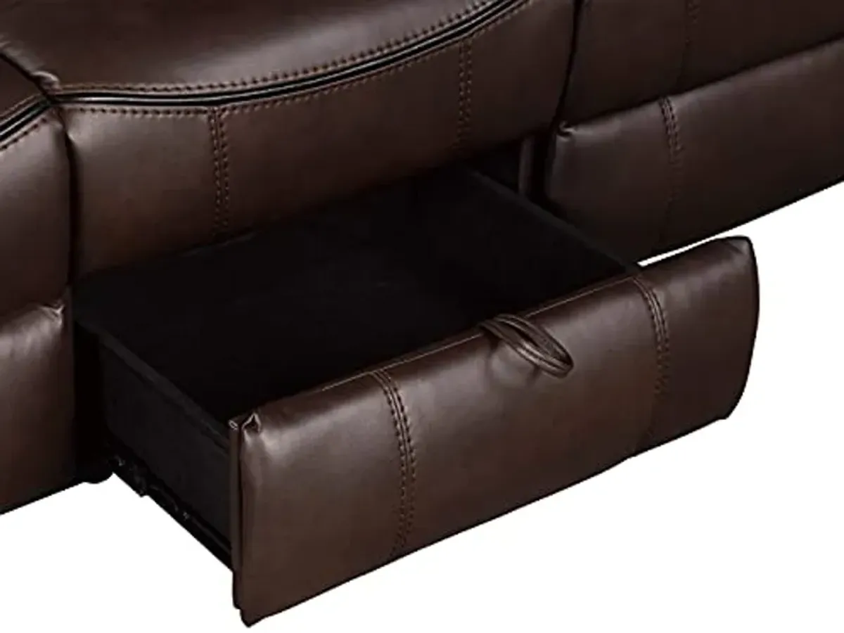 Lexicon Double Recliner Sofa RV Couch, Home Theater Seating, Manual Faux Leather Glider Recliner Sofas, Center Drop-Down Cup Holders, Receptacle, Hidden Drawer, USB Ports, 88.5’’W Sofa, Dark Brown