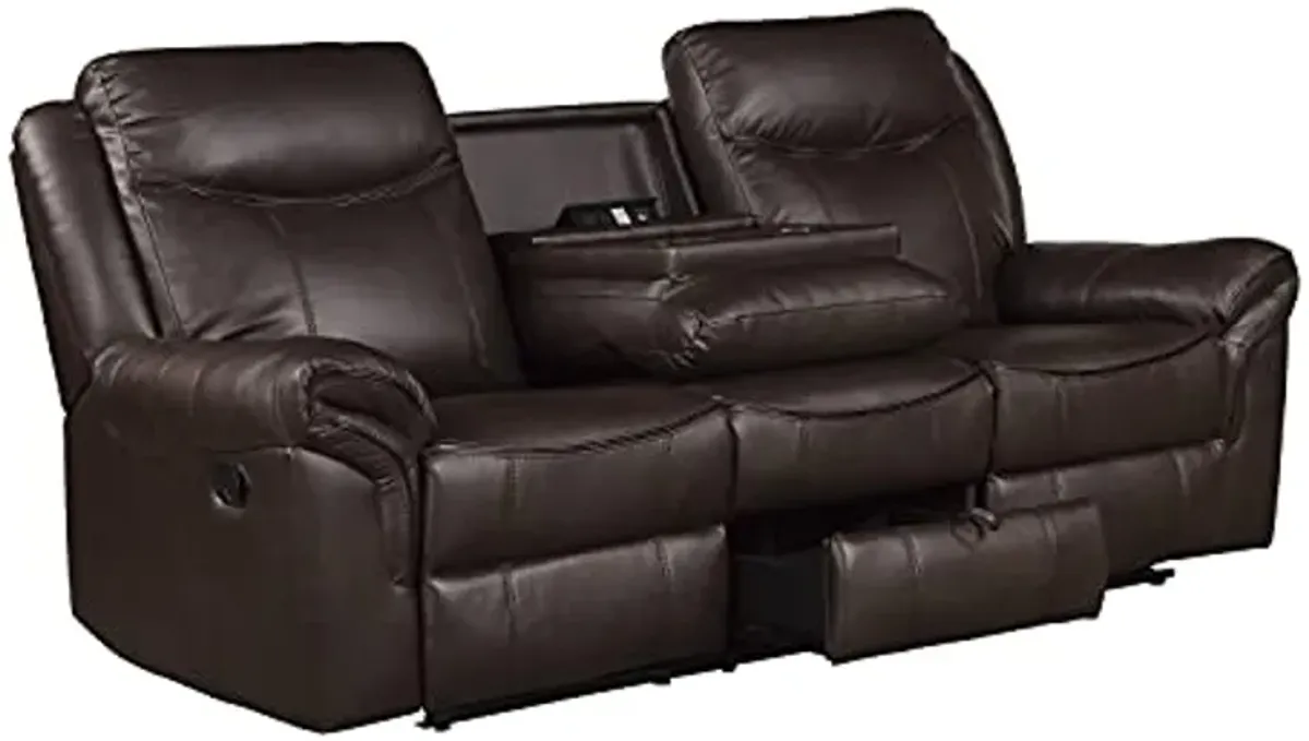 Lexicon Double Recliner Sofa RV Couch, Home Theater Seating, Manual Faux Leather Glider Recliner Sofas, Center Drop-Down Cup Holders, Receptacle, Hidden Drawer, USB Ports, 88.5’’W Sofa, Dark Brown