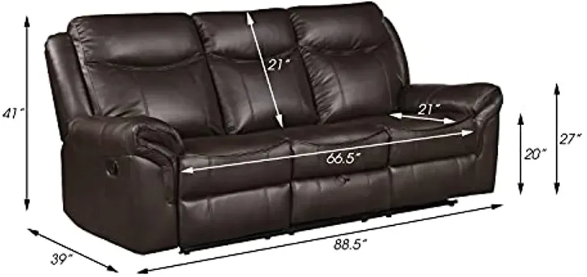 Lexicon Double Recliner Sofa RV Couch, Home Theater Seating, Manual Faux Leather Glider Recliner Sofas, Center Drop-Down Cup Holders, Receptacle, Hidden Drawer, USB Ports, 88.5’’W Sofa, Dark Brown