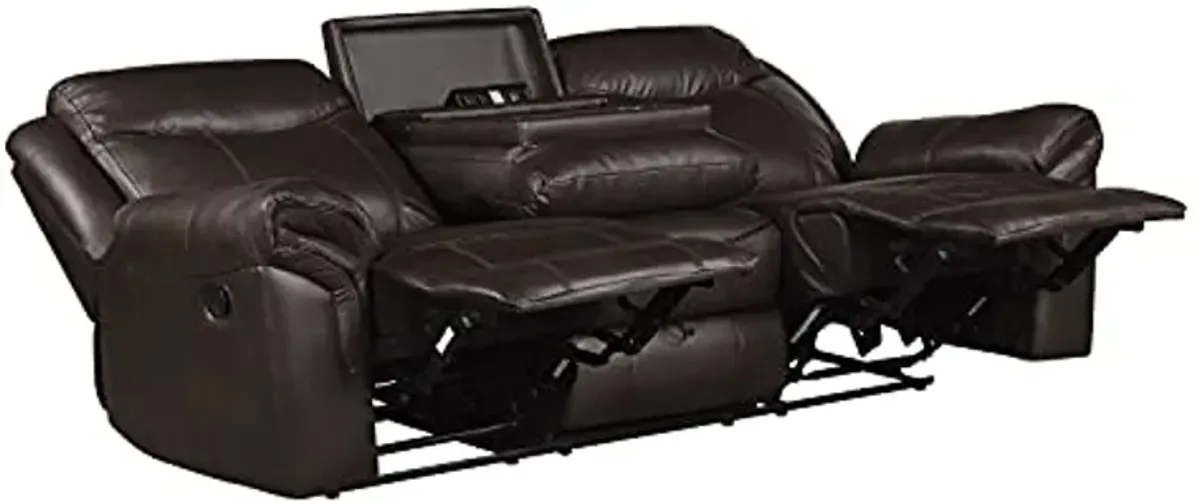 Lexicon Double Recliner Sofa RV Couch, Home Theater Seating, Manual Faux Leather Glider Recliner Sofas, Center Drop-Down Cup Holders, Receptacle, Hidden Drawer, USB Ports, 88.5’’W Sofa, Dark Brown