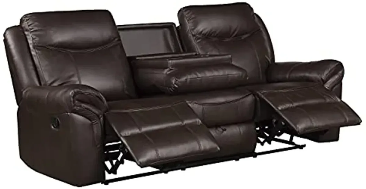 Lexicon Double Recliner Sofa RV Couch, Home Theater Seating, Manual Faux Leather Glider Recliner Sofas, Center Drop-Down Cup Holders, Receptacle, Hidden Drawer, USB Ports, 88.5’’W Sofa, Dark Brown