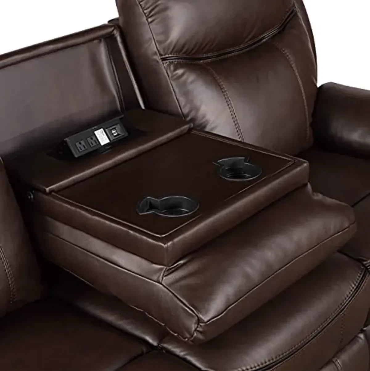 Lexicon Double Recliner Sofa RV Couch, Home Theater Seating, Manual Faux Leather Glider Recliner Sofas, Center Drop-Down Cup Holders, Receptacle, Hidden Drawer, USB Ports, 88.5’’W Sofa, Dark Brown