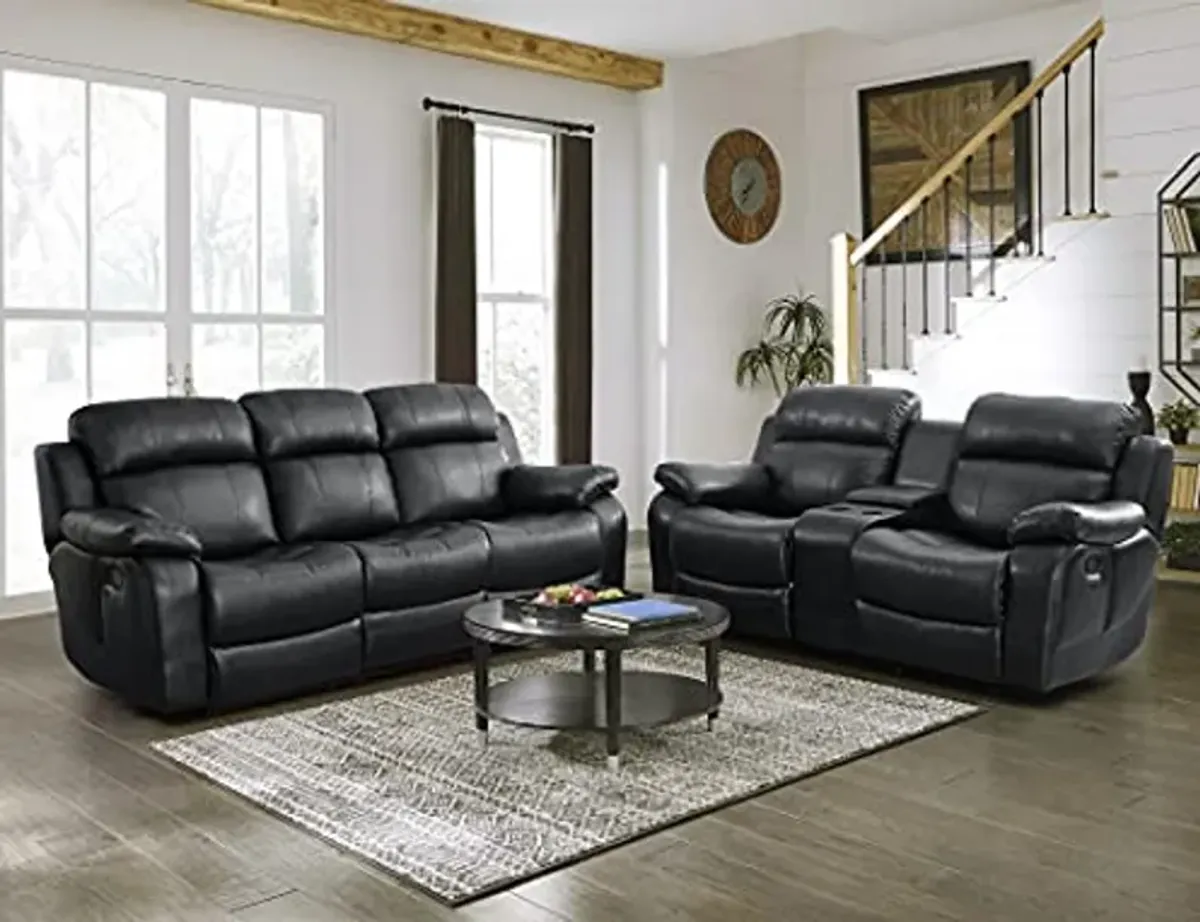 Lexicon Baylands Bonded Leather Double Reclining Sofa with Center Drop-Down Cup Holders, 88" W, Black