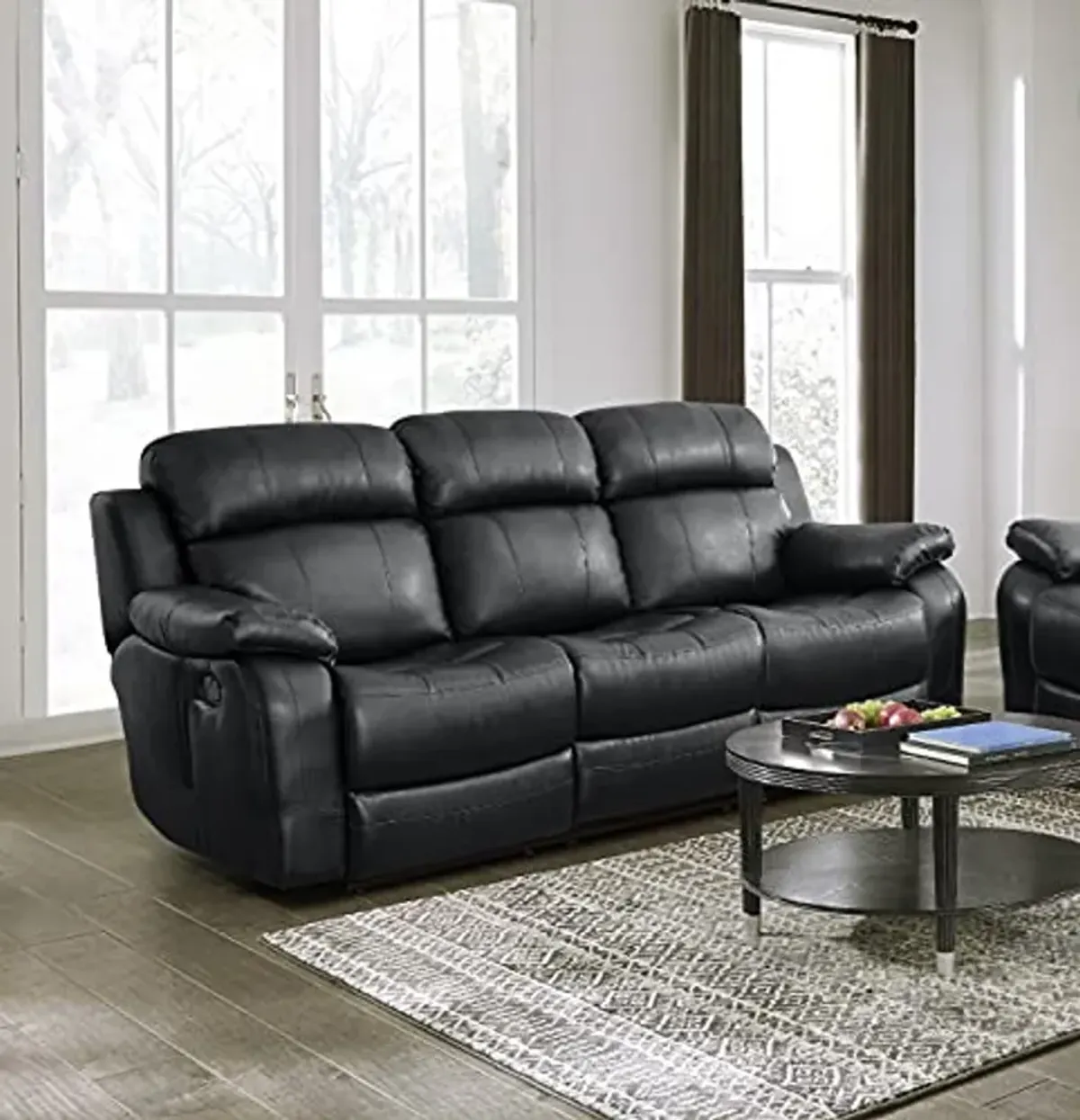 Lexicon Baylands Bonded Leather Double Reclining Sofa with Center Drop-Down Cup Holders, 88" W, Black