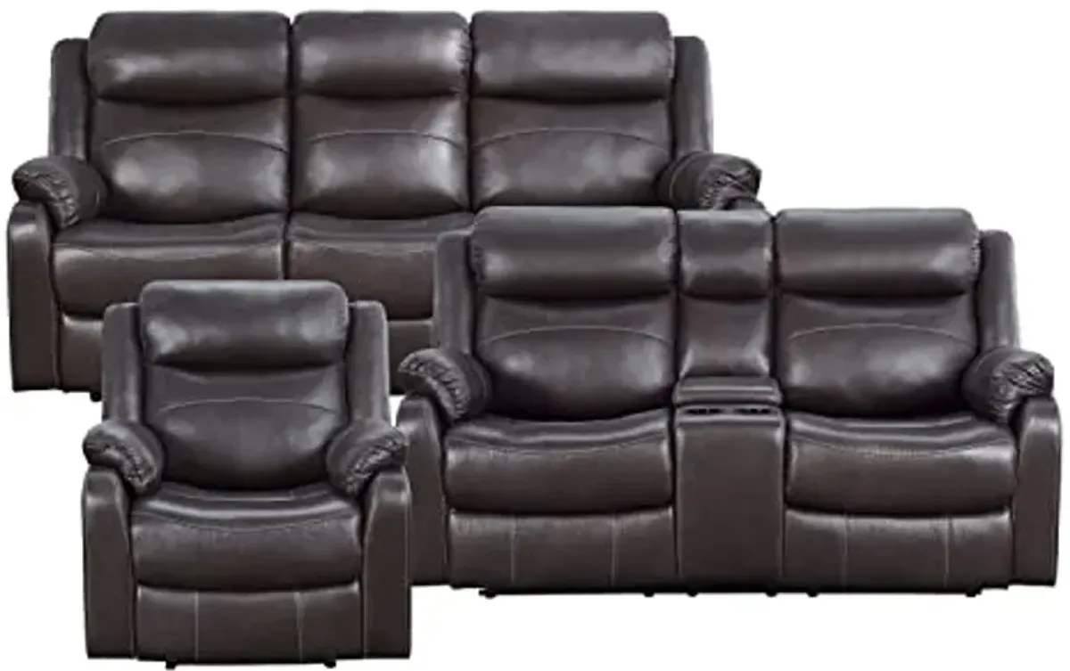 Lexicon Miramar 3-Piece Polished Microfiber Lay Flat Reclining Living Room Sofa Set, Dark Brown