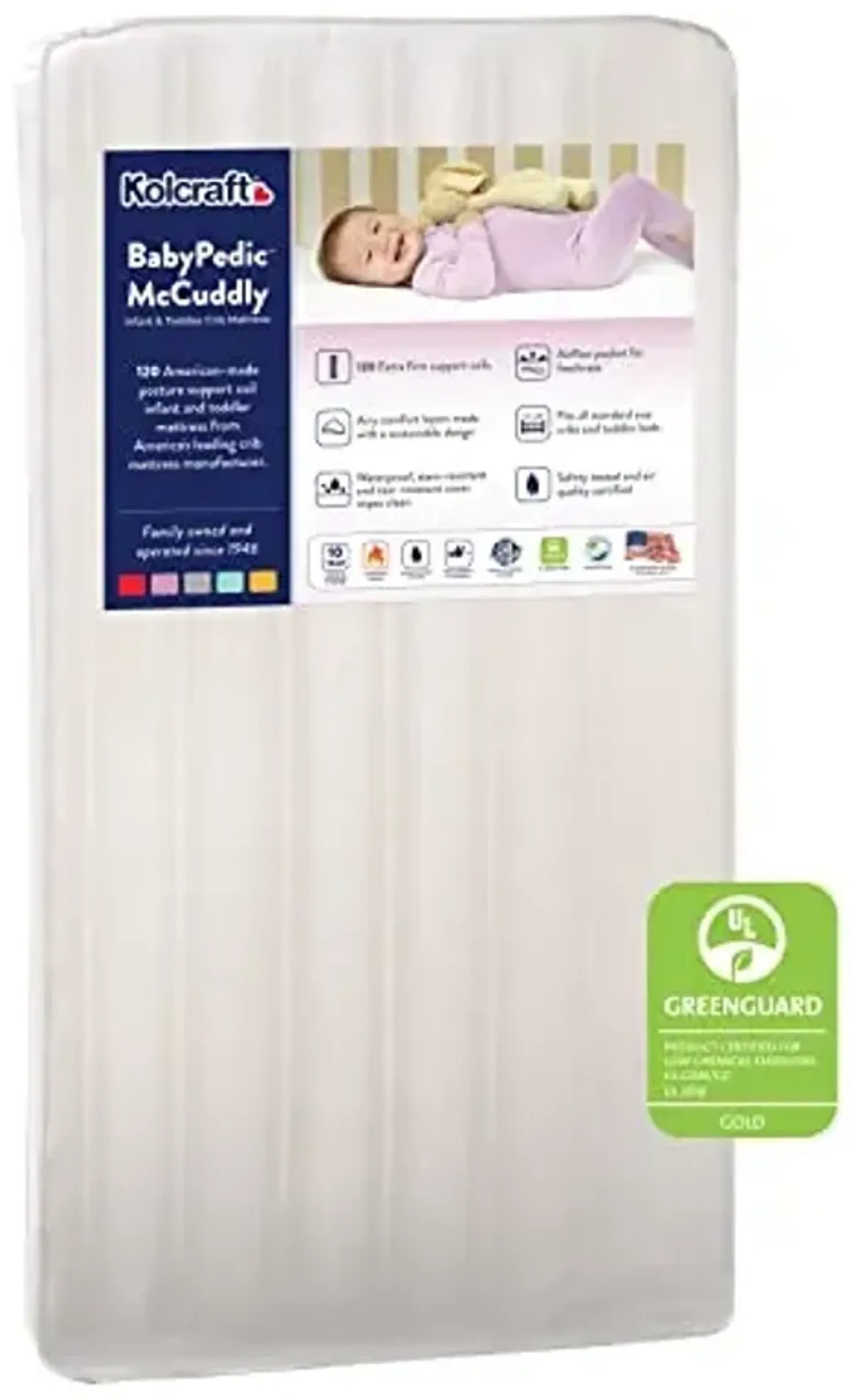 Kolcraft BabyPedic Premium Hypoallergenic Waterproof Standard Baby Crib Mattress plus Toddler Bed Fit, Airy Comfort, 120 Coils, GREENGUARD Air Quality Certified, Made in USA, 52x28" (Amazon Exclusive)