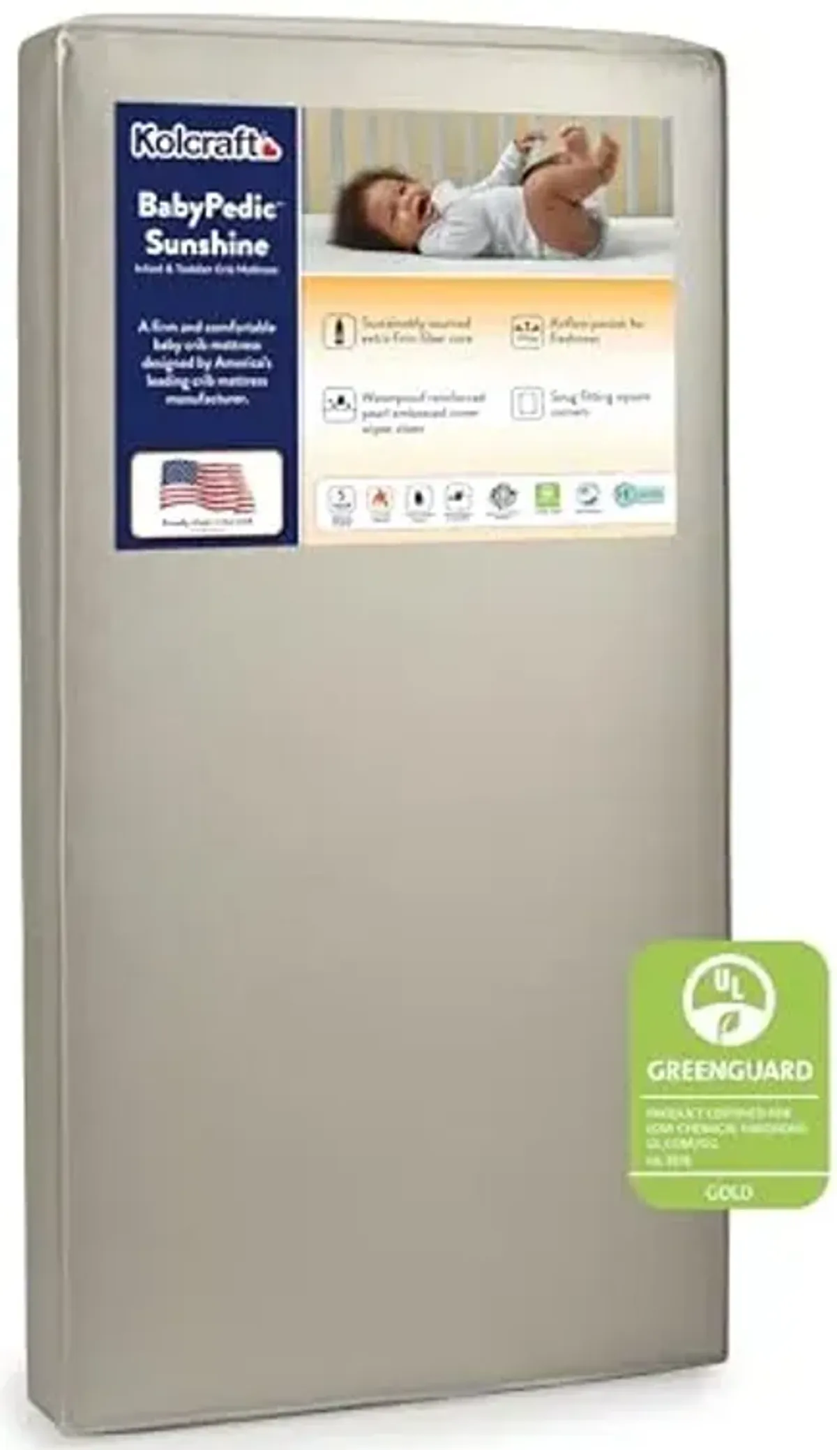 Kolcraft BabyPedic Waterproof Crib Mattress plus Toddler Bed Fit, Sustainable Foam, Non Toxic Airy Fiber Core for Babies, GREENGUARD Gold Certified, Safety & Quality Tested, Made in USA, 52"X28"