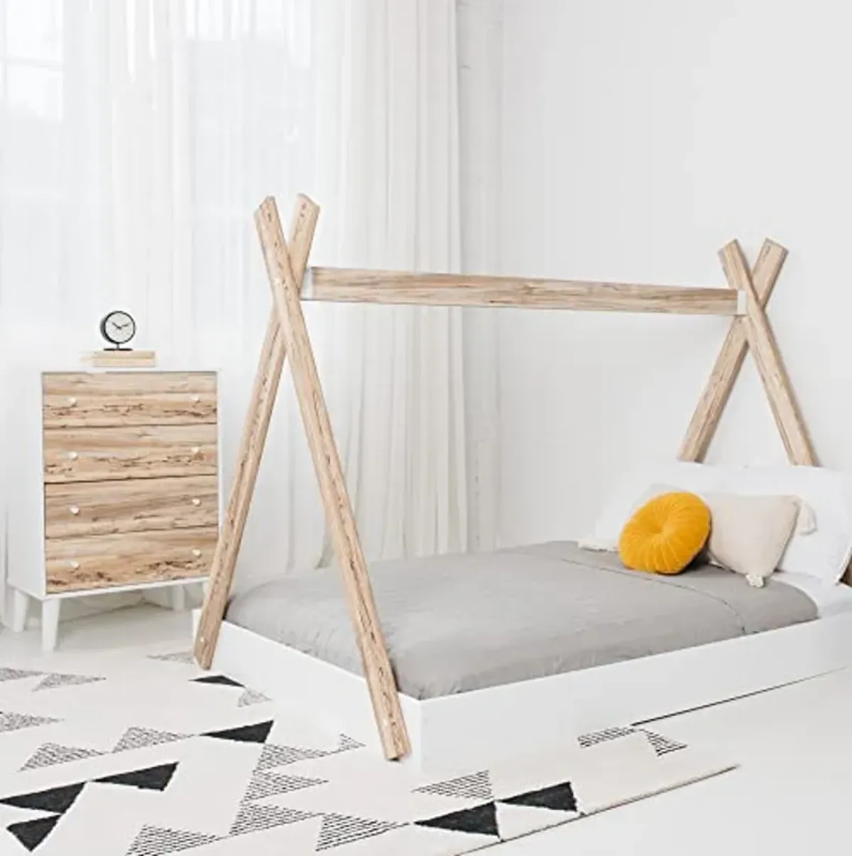 Signature Design by Ashley Piperton Contemporary Youth/Toddler Floor Tent Bed Frame, Full, Natural Wood & White